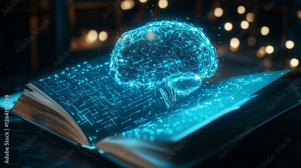 Aufkleber glowing brain emerging from digital book representing knowledge and technology connection