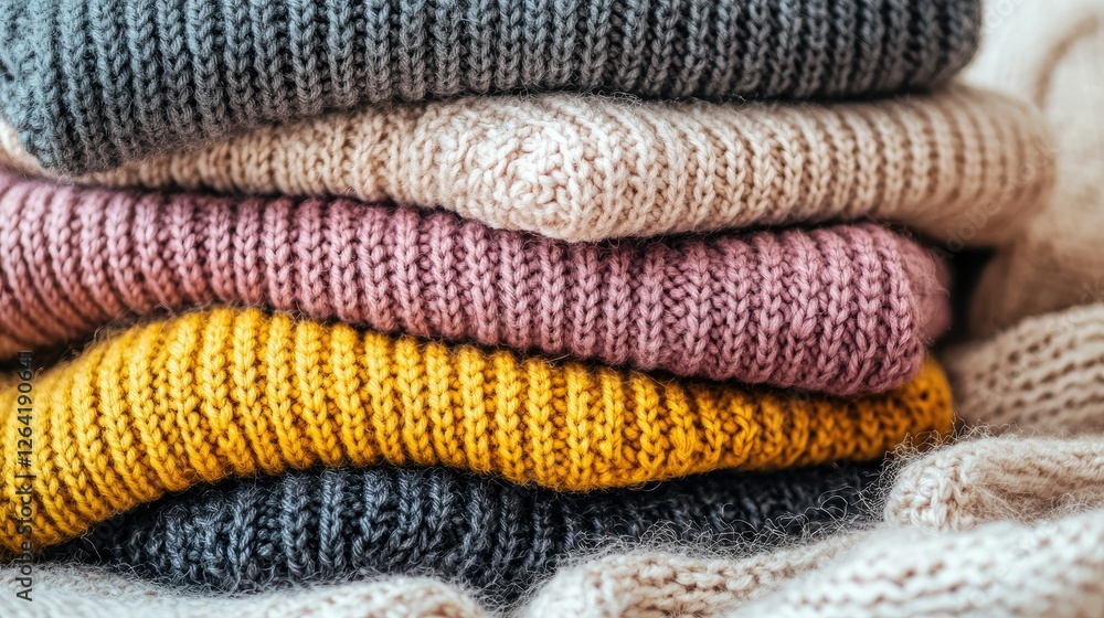 Poster a pile of soft wool sweaters in various colors and sizes. copy space.