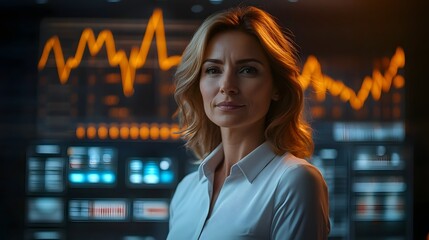 Confident Businesswoman Stands Before Rising Financial Charts in Modern Professional Setting