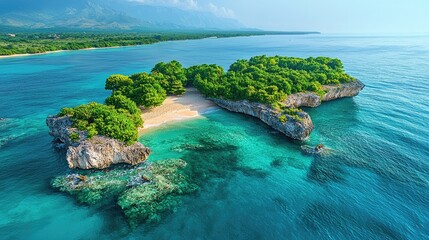 Aerial view of a tropical island with lush greenery and a sandy beach surrounded by clear blue waters