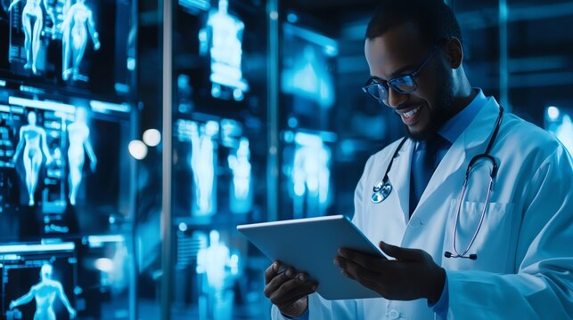 A medical professional analyzes digital data and images in a modern healthcare environment, showcasing advanced technology in medicine.