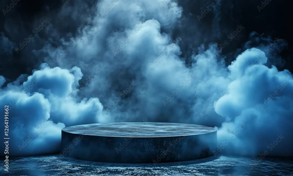 Poster mystical blue fog envelops a circular platform in a dark atmospheric setting, creating an ethereal s