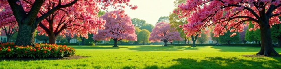 Serene park landscape featuring ornamental trees in full bloom with vibrant flowers and soft grass, greenery, leaves