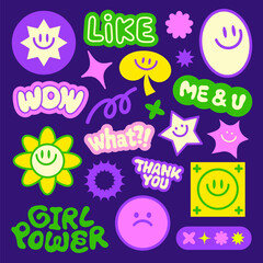 Colorful retro stickers with phrases like 'WOW', 'LIKE', 'GIRL POWER' Bright, playful design with stars, smiley faces, and flowers Fun, vibrant, and bold Funky stickers, vector set