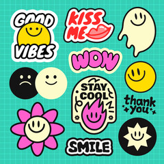 Colorful stickers with smiley faces, positive phrases like 'Good Vibes,' 'Stay Cool,' and 'Wow' Fun, playful designs on a teal grid background Funky stickers, vector set