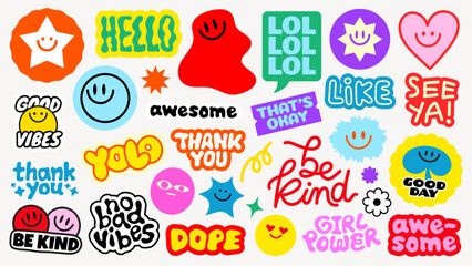Colorful stickers with positive messages like 'Be Kind', 'Good Vibes', 'Awesome', and 'Girl Power' Bright, cheerful designs with smiley faces and playful fonts Funky stickers, vector set