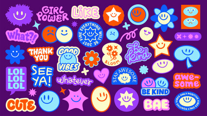 Colorful stickers with smiley faces, stars, and phrases like 'be kind,' 'good vibes,' and 'girl power' Fun, positive, and playful designs on a purple background Funky stickers, vector set