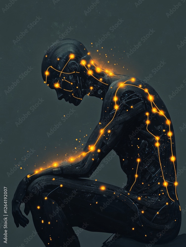 Poster generative ai futuristic illustration of side view of pensive cyborg character with illuminated dots
