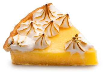 Lemon Jelly Meringue Tart isolated on white background. Lemon Jelly Meringue Tart with gold leaf...