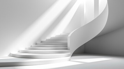 Obraz premium Elegant Minimalist White Studio Background Featuring Curved Staircase with Dramatic Lighting for Photography