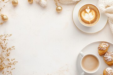 Xícara de café elegante com detalhes dourados, acompanhada de doces e decorações festivas em fundo branco, criada com IA generativa para um visual sofisticado e convidativo