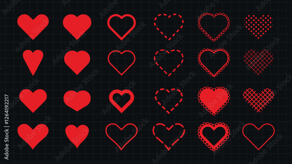 Poster red heart icons in various styles. heart shapes in solid, outline, and dotted patterns. diverse hear