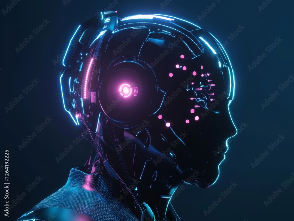 Poster generative ai futuristic illustration of side view of pensive cyborg character with illuminated dots