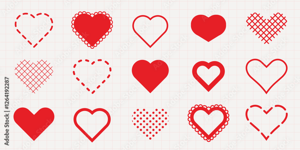 Poster various red heart designs in different styles and patterns, including dotted, lined, and scalloped h