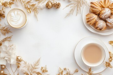 Fototapeta premium Xícara de café elegante com detalhes dourados, acompanhada de doces e decorações festivas em fundo branco, criada com IA generativa para um visual sofisticado e convidativo