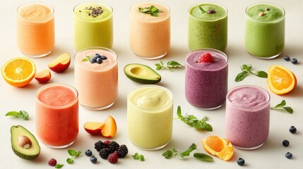 Colorful fruit smoothies, healthy breakfast, kitchen, food photography, website banner