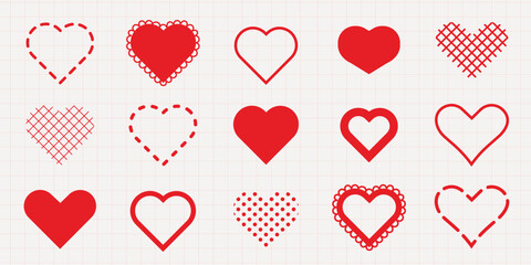Various red heart designs in different styles and patterns, including dotted, lined, and scalloped hearts. Heart shapes repeated in multiple styles. Valentine's Day elements, vector set.