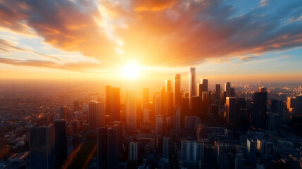 Fototapeta premium Breathtaking skyline view during sunset, showcasing towering skyscrapers with vibrant clouds and glowing sunlight.