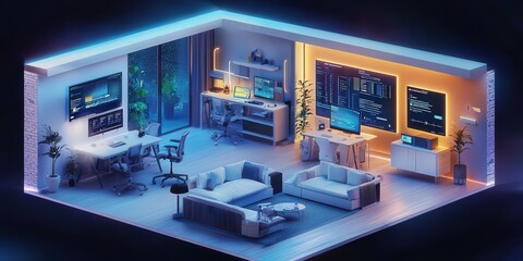 A futuristic fintech workspace integrating AI, data analysis, and digital banking innovation .