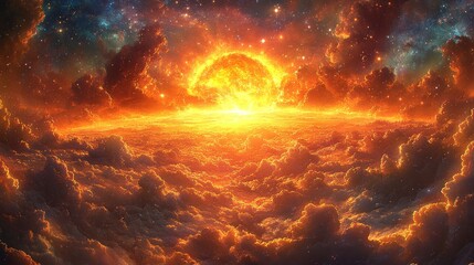 Fototapeta premium Explosive Cosmic Phenomenon of Nebula Formation with Fiery Energy and Luminous Particles Creating an Ethereal Galaxy Scene