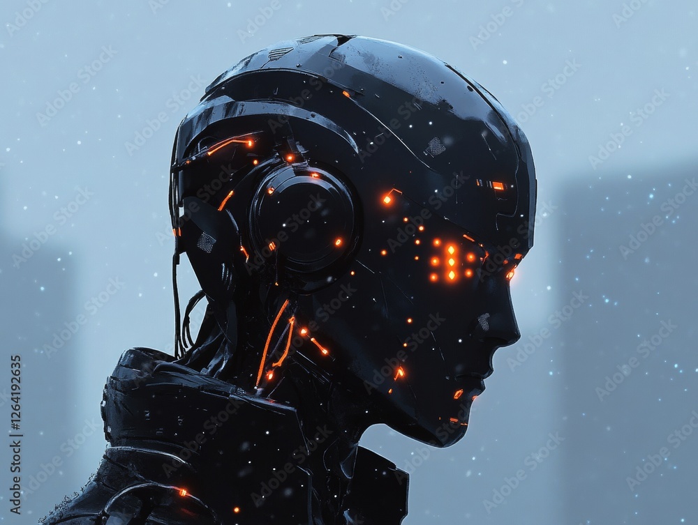 Poster generative ai futuristic illustration of side view of pensive cyborg character with illuminated dots