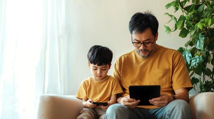 Fototapeta premium A father and son enjoy quality time together on their devices in a cozy living space with natural light and greenery.