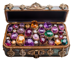 Elegant gemstone collection displayed in vintage jewelry box isolated on transparent background