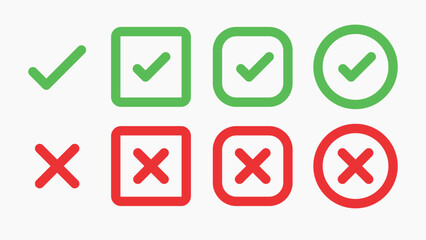 Green check marks and red X symbols in various styles. Check marks and X symbols for approval and rejection. Simple check and X icons for decision-making. Vector element set. © Rawpixel.com