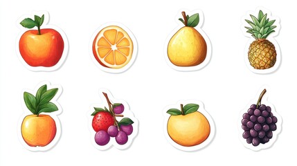 Colorful fruit stickers; apple, orange, pear, pineapple, plum, grape, strawberry