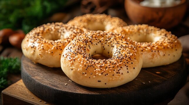 Four bagels on a wooden board with sesame seeds