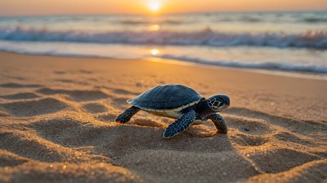 Dawn of Life: A Baby Turtle's First Journey Towards the Ocean at Sunrise