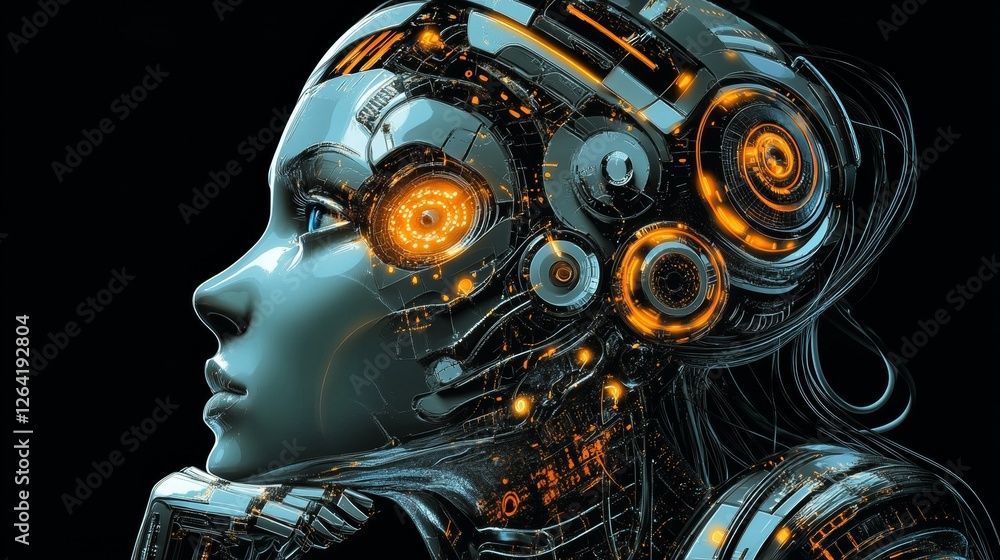 Poster generative ai futuristic illustration of side view of pensive cyborg character with illuminated dots