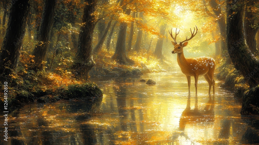 Aufkleber mystical autumnal forest scene featuring a deer standing in a glimmering stream with golden light fi