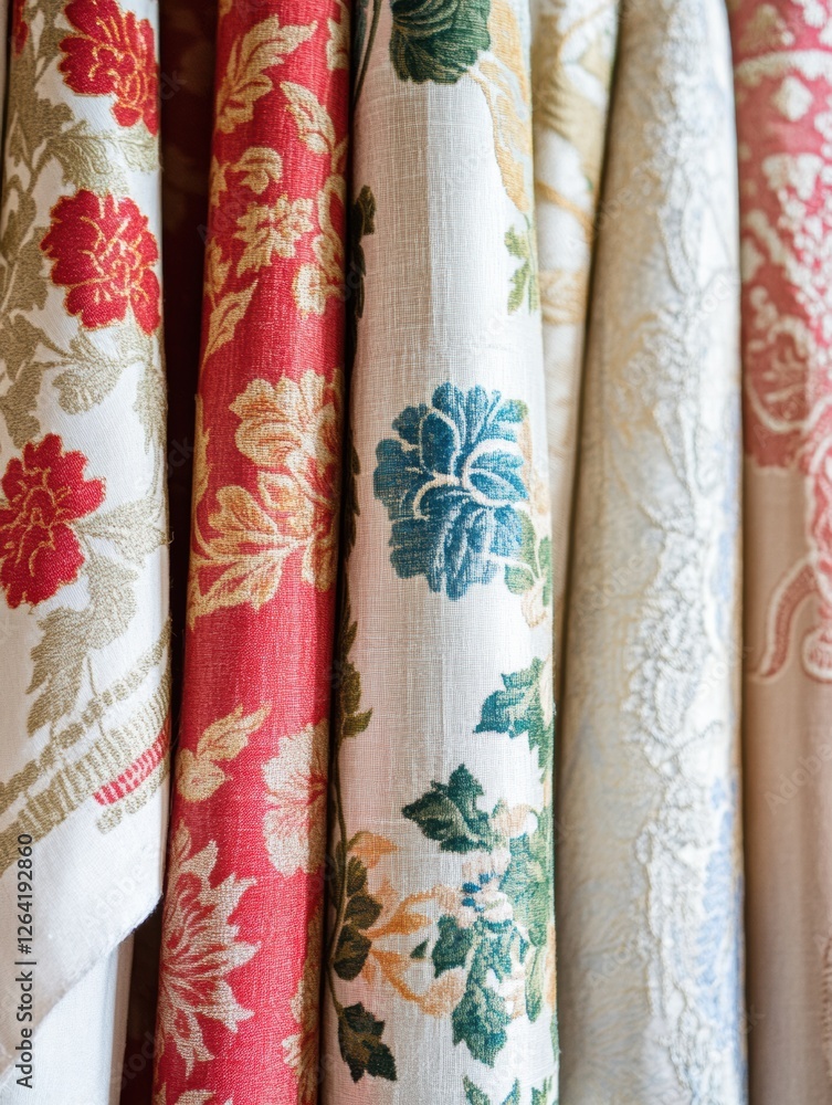 Poster Patterns of fabric showcasing floral and geometric designs with blank space for creative text ideas. Generative AI