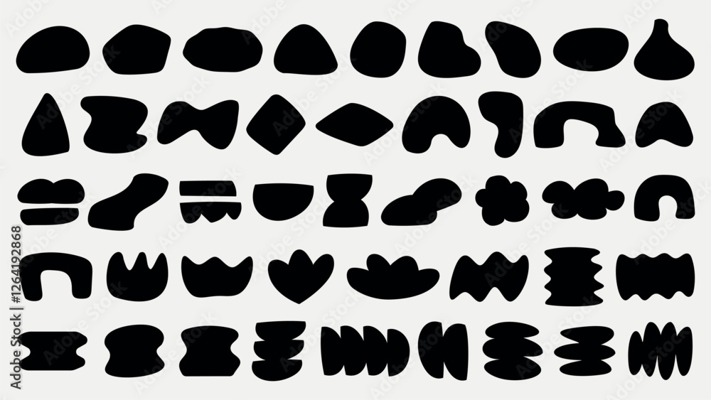 Poster abstract black shapes on a white background. the shapes vary in form and size, creating a dynamic pa