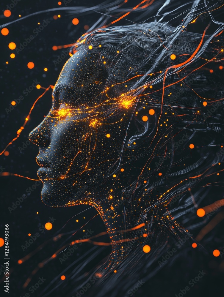 Poster generative ai futuristic illustration of side view of pensive cyborg character with illuminated dots