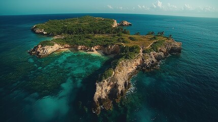 Aerial view of a secluded tropical island surrounded by clear blue waters and vibrant coral reefs
