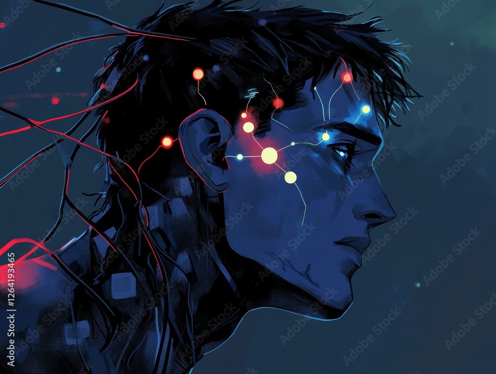 Poster generative ai futuristic illustration of side view of pensive cyborg character with illuminated dots