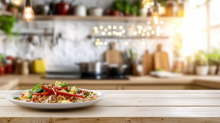 Delicious rice dish with chili and avocado on a wooden table in a bright modern kitchen