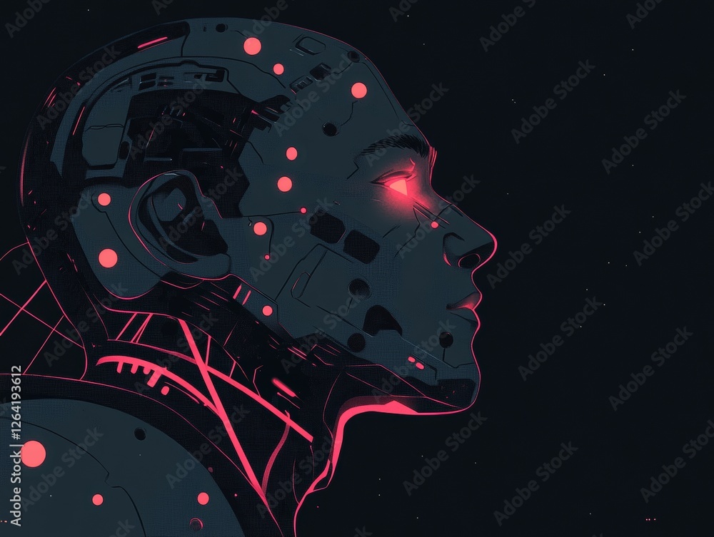 Poster generative ai futuristic illustration of side view of pensive cyborg character with illuminated dots
