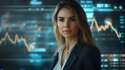 Confident Businesswoman Overlooking Futuristic Financial Analytics and Growth Charts