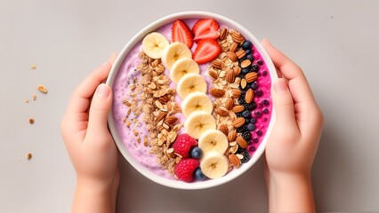 Colorful Fruit Smoothie Bowl Held By Child
