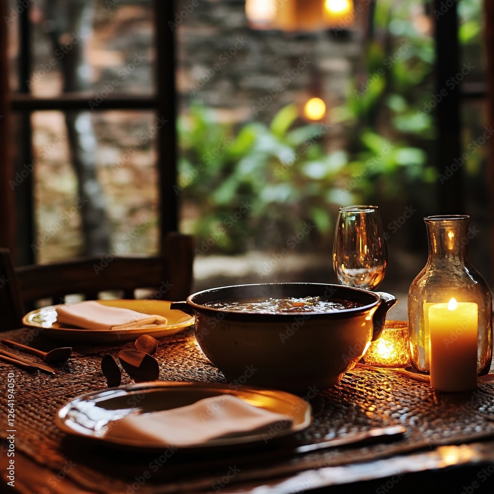 Poster cozy dinner setting with candle light and steaming soup creating a warm and inviting mood
