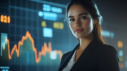 Successful Businesswoman in Front of Rising Financial Charts and Futuristic Technology