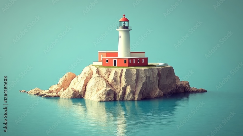 Poster lighthouse on the island reflecting in serene turquoise water minimalist digital rendering symbolisi