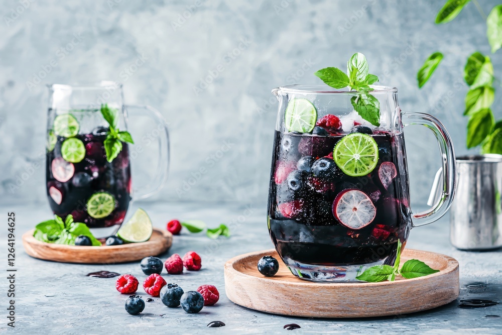 Poster refreshing summer berry drink with lime and basil in glass pitcher on textured background