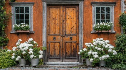 Rustic Charm: A Wooden Door Framed by Hydrangeas