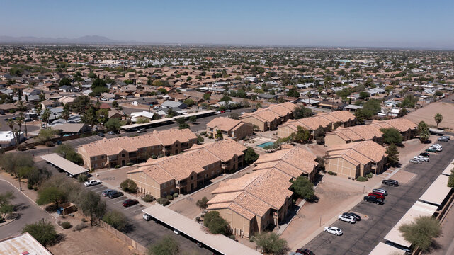 Afternoon aerial view of housing in Apache Junction, Arizona, USA.