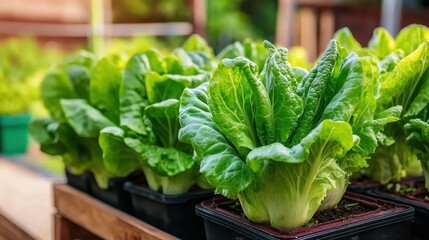 Fresh Romaine Lettuce Growing in Garden Pots Under Natural Light in a Greenhouse Environment