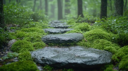 Tranquil forest pathway with moss-covered stones leading through a lush green landscape